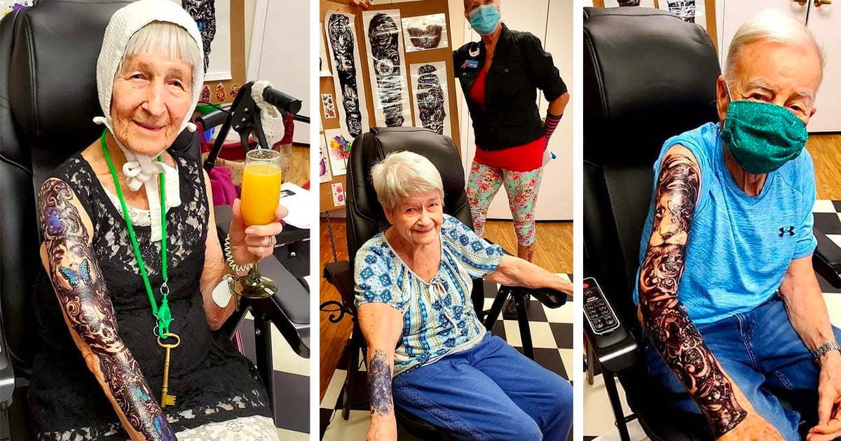 Les gens d’une résidence de personnes âgées se font tatouer tout en prenant un petit drink [12 photos]