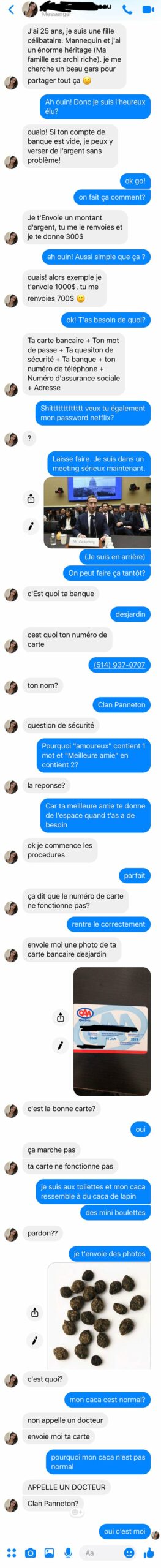 Un Québécois ridiculise une fille sur Facebook qui essaie de le frauder intense