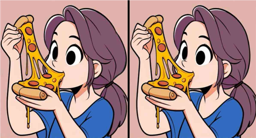 Arriverez-vous à trouver les 3 différences entre les images d’une fille mangeant une pizza en 12 secondes ?