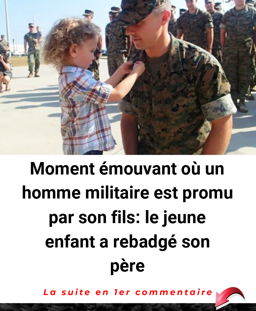 Moment émouvant où un homme militaire est promu par son fils: le jeune enfant a rebadgé son père
